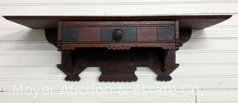 Antique Walnut Single Drawer Clock Shelf, 24"w image