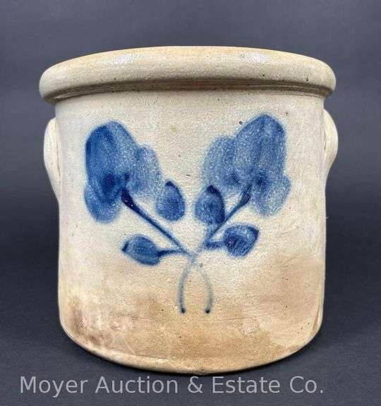 One-Gallon Stoneware Crock, with Cobalt Floral/Leaf Decoration, Unmarked image