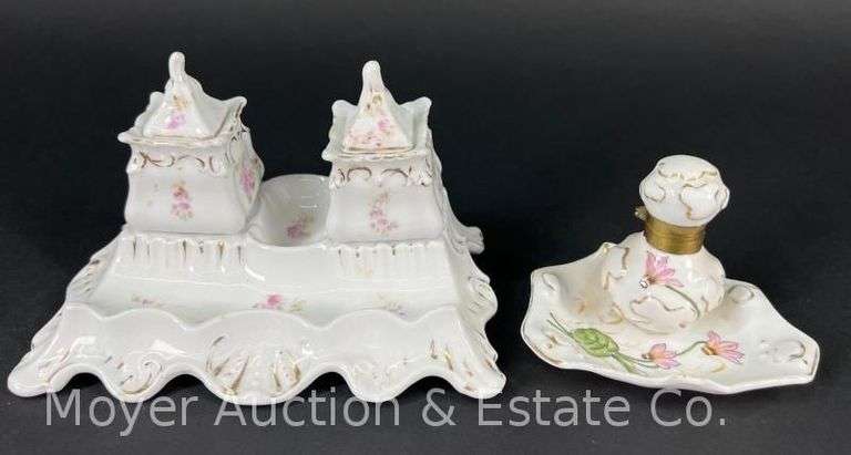 (2) Porcelain Inkwells, Antique, 4"-7"w image