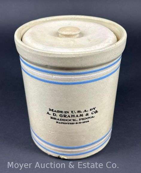 A.D. Graham & Co. Braddock PA Stoneware Advertising Crock, with Lid, 7"h x 6"w image