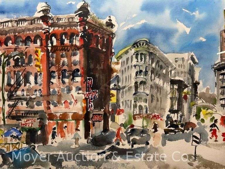 Betty Munro "Ye Olde Yates Hotel" Watercolor, Framed, 30" x 38" Overall image