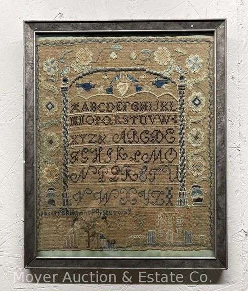 Early Needlepoint Sampler, Undated, Framed, 16" x 13" Overall image