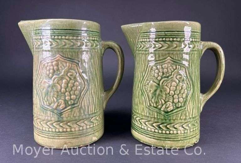 (2) Stoneware Pitchers, with Grape Designs, Similar/Matching, 8.25"h image