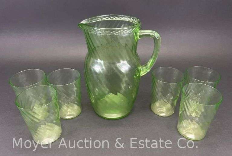 Green Depression Glass Pitcher with 6 Juice Glasses, 8.5"h image