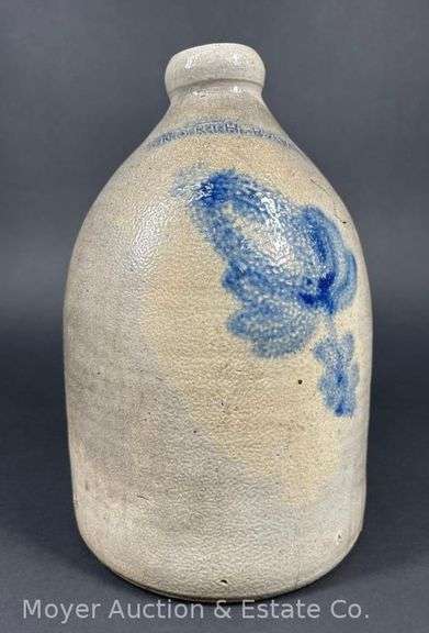 North Bay Stoneware Jug, with Cobalt Leaf/Floral Design, BROKEN/MISSING HANDLE image