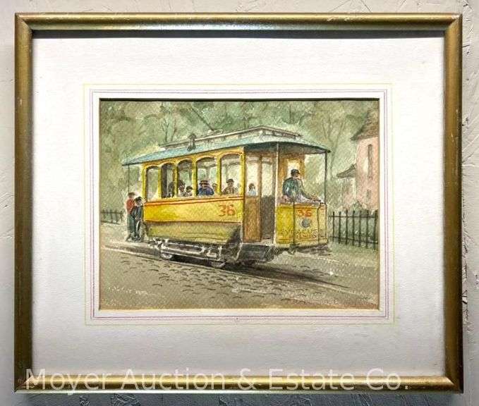Frederick Burns (1910-2010) Watercolor Painting of Syracuse Railway Trolly, Framed, 12" x 14" Overall image