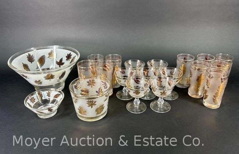 Leaf Motif Punch Bowl, Ice Bucket, and Asst. Glasses, Similar Designs but not Matching, 34 Pieces Total