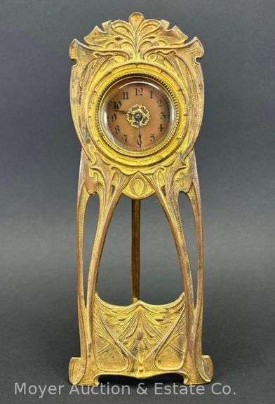 Art Nouveau Desk Clock, Gold Gilt Metal, Maker Unknown, 10"h image