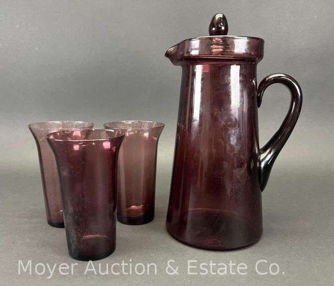 Vintage Amethyst Glass Pitcher with 3 Juice Glasses, 11"h image
