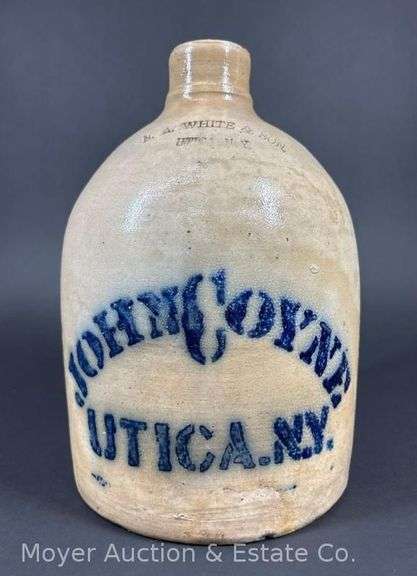 N.A. White & Son Utica NY Stoneware Jug, with Cobalt John Coyne Utica NY Stenciling, 11"h x 7.5"w image