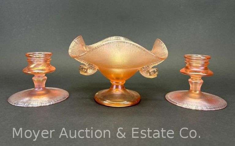 Pair of Pink Opalescent Candlesticks and Serving Bowl with Fish Handles, 3.5" and 4.75"h image