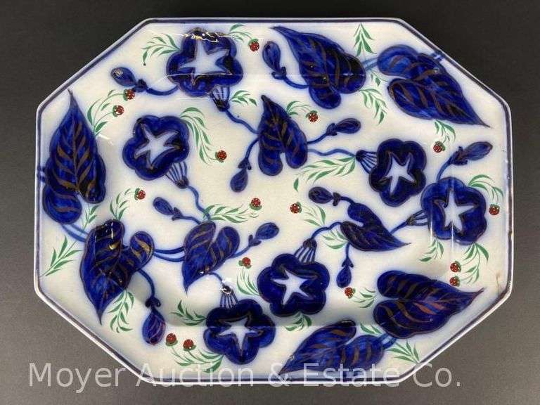 Flow Blue Serving Platter, with Strawberry Decoration, 15.5"x12" image