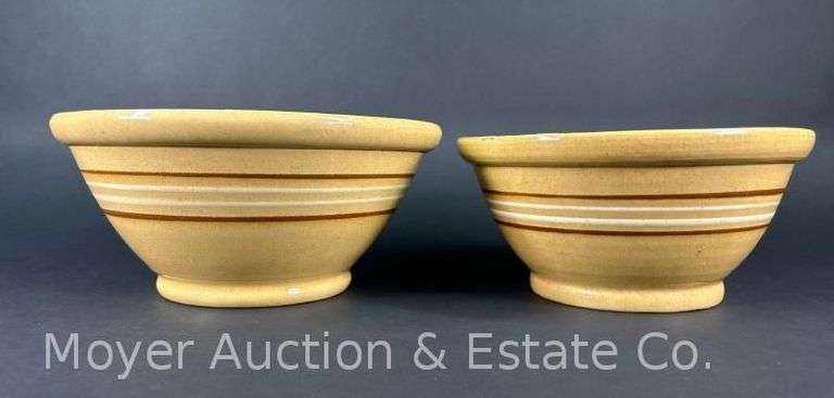 (2) Yellowware Mixing Bowls, Brown and White Stripes, 9"-10.5"