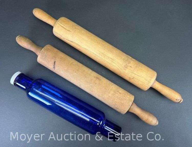 (3) Rolling Pins, 2 Wood and 1 Hollow Glass, 13.5"-20"w image