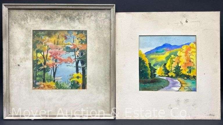 (2) Ruth Lee Watercolor Landscape Paintings, One Framed, 14" x 14" Overall image