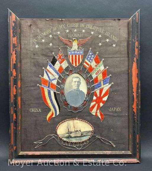 Antique Hand Embroidered Military Remembrance Board, 19.5" x 16.5" image