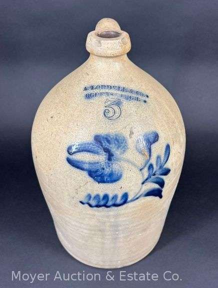 Three-Gallon A. Lobdell & Ogdensburgh Stoneware Jug, with Cobalt Floral Decoration, 15.5"h x 9.5"w image