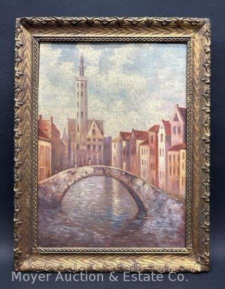 E.J. Fenn Painting on Board Depicting Canal/City Scene, Framed, Overall 17.5" x 13.5" image