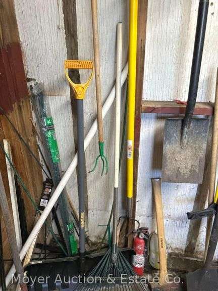 Group of Long Handled Tools: Shovels, Rakes, Hoes, Axe, etc.