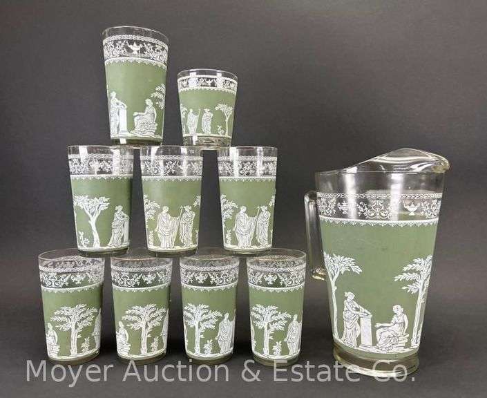 Wedgewood Jeanette "Hellenic" Green & White Pitcher and Glasses image