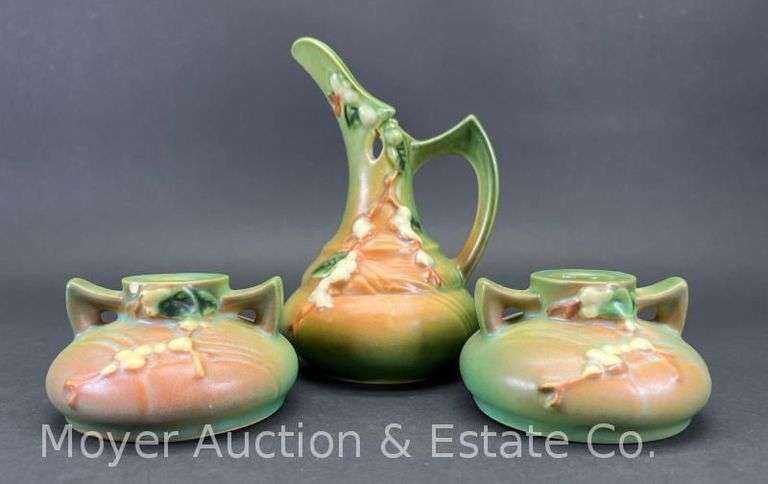Roseville Pottery "Snowberry" Pitcher and Candlesticks, 2"-6"h image