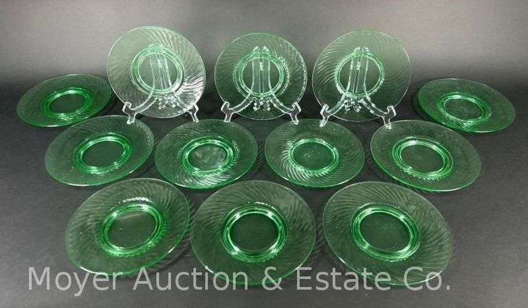 12 Green Glass Salad Plates, 8.25"w image