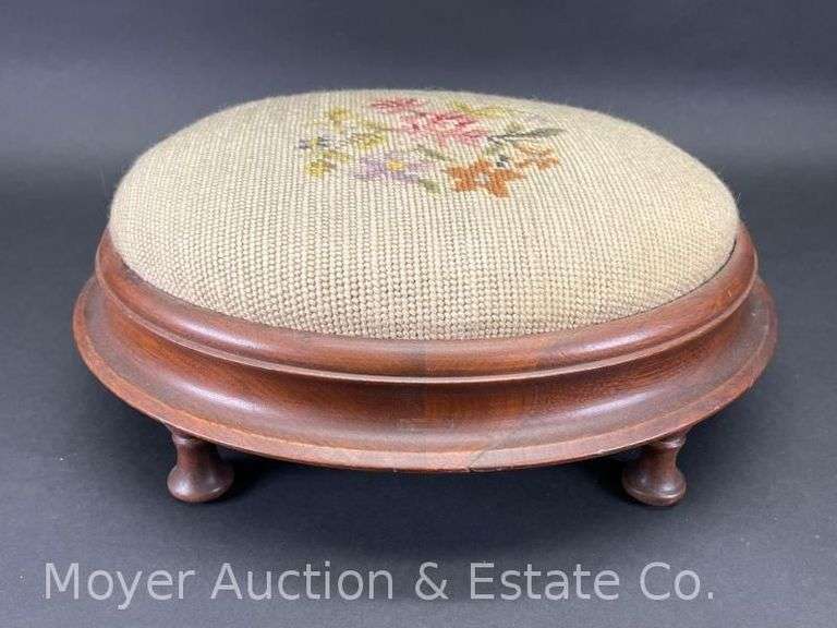 Antique Needlepoint Footstool, 14"w image