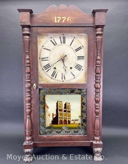 Antique Samuel Terry Mantle Clock, Reverse Painted Glass, Claw Feet, 33"h image