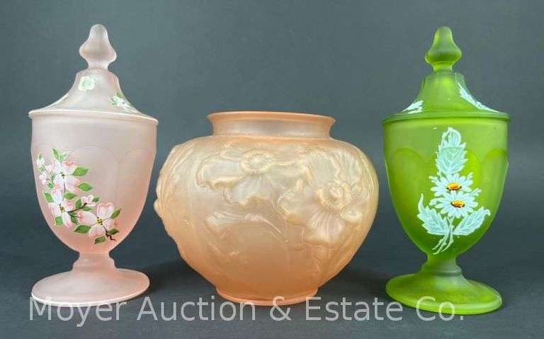 (2) Westmoreland Satin Glass Covered Dishes with Tiffin Satin Vase, 5.5"-8"h image