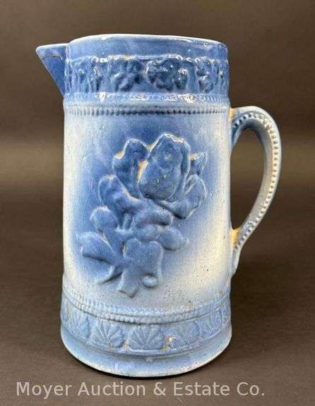 Stoneware Pitcher, with Floral Design, Repaired Spout, 9"h image