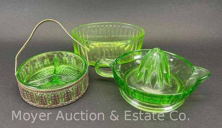 (3) Pieces of Green Depression Glass: Serving Dishes and Reamer image
