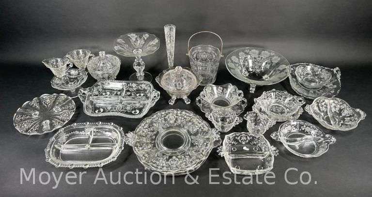 Group of Floral Etched Glass Serving Dishes, Cream and Sugars, Etc. image