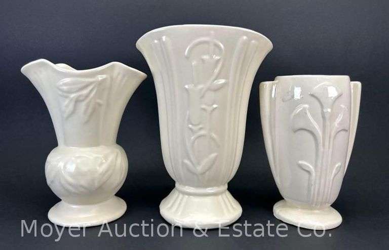 (3) White Pottery Vases, 8"-10"h image