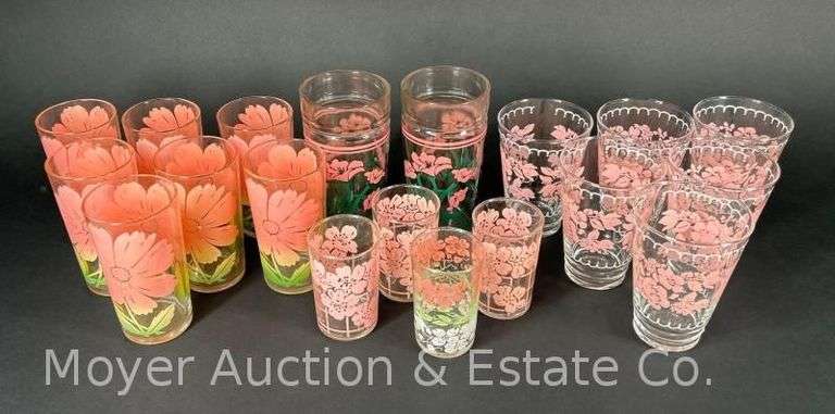 (20) Pink Flower Drinking and Juice Glasses, Asst. Designs, 3.5"-6"h image