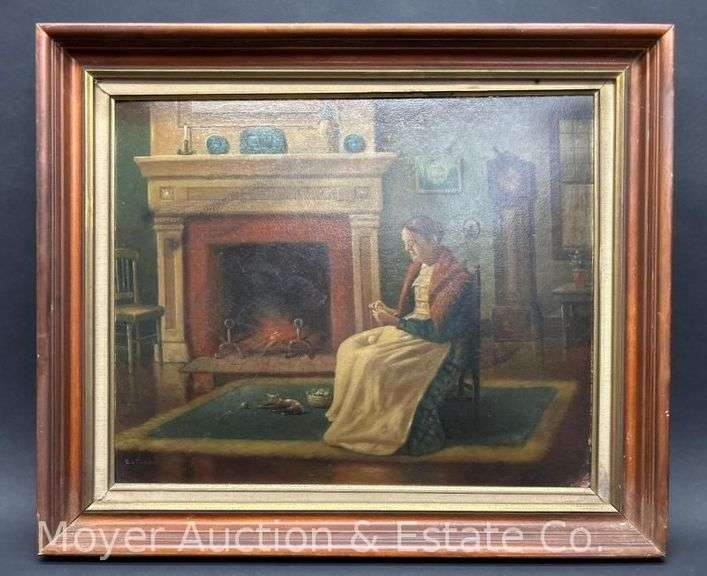 E.J. Fenn Painting on Board Depicting Woman and Fireplace, Framed, Overall 18.5" x 22" image