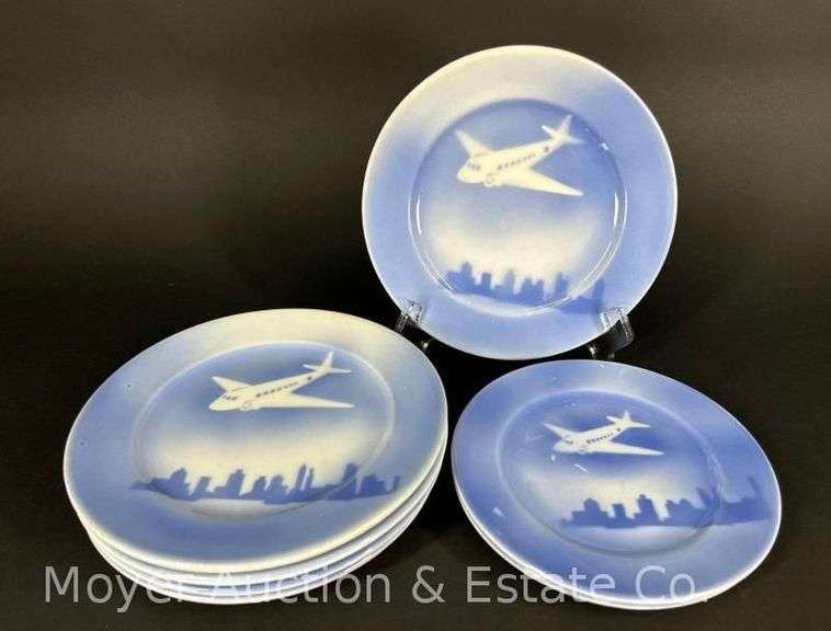 (7) Syracuse China Airplane Plates, Airbrush Style, 6.5"-7.25"w image