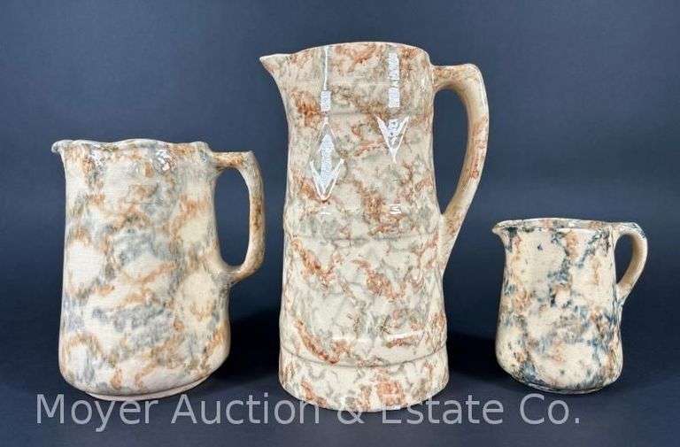 (3) Spongeware Pitchers, Stoneware, 4.5"-9.5"h image