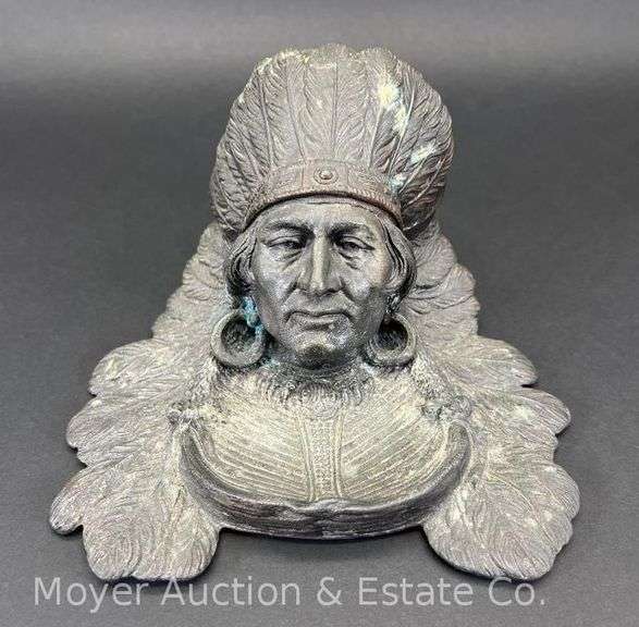 Antique Native American Indian Head Inkwell with Glass Insert, 7.5"w x 4.5"h image