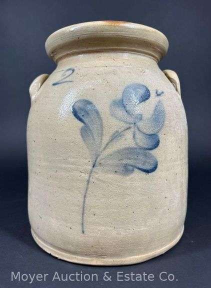 Two-Gallon Lyons Stoneware Crock, with Lid, and Cobalt Leaf Decoration, 11"h x 9.5"w image