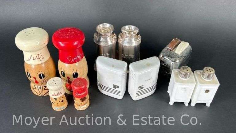 (6) Pairs of Novelty Salt and Pepper Shakers, Incl. GE Milk Glass Icebox, 2.5"-5"h image