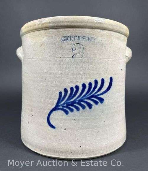 Two-Gallon Geddes NY Stoneware Crock,  with Cobalt Fern Leaf Decoration, 10"h x 10"w image