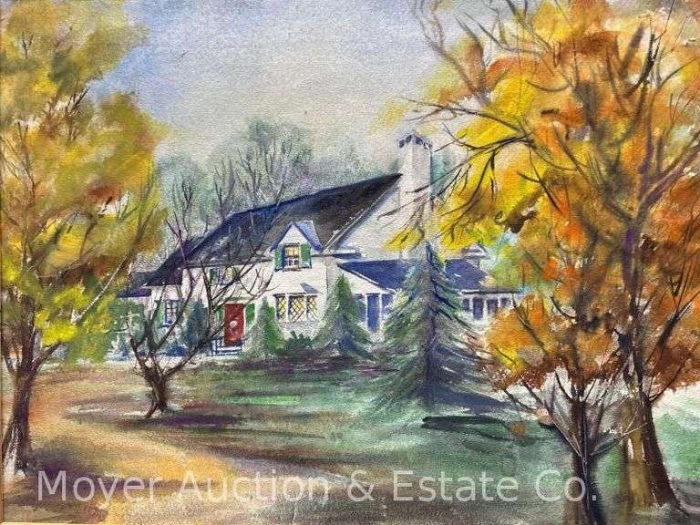 Crystal Stephens Watercolor Painting of House, Framed, Missing Glass, 23" x 27" Overall image