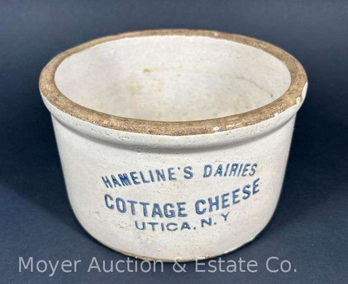 Hameline's Dairies Utica NY Cottage Cheese Advertising Crock, 5"h x 8"w image