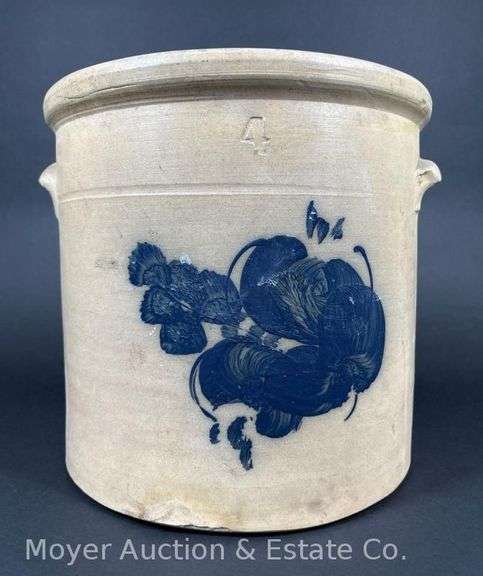 Four-Gallon Stoneware Crock, with Cobalt Floral Decoration, See Photos for Condition image