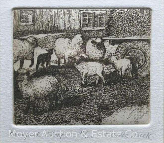 Sandra Micek Etching "Barnyard Sheep", Artist Signed & #4 of 100, Framed, 9" x 10" Overall image