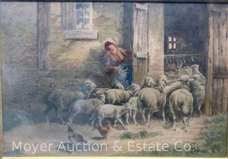 Watercolor Painting of Women with Sheep, Artist Signed, Framed, 21" x 25.5" Overall image