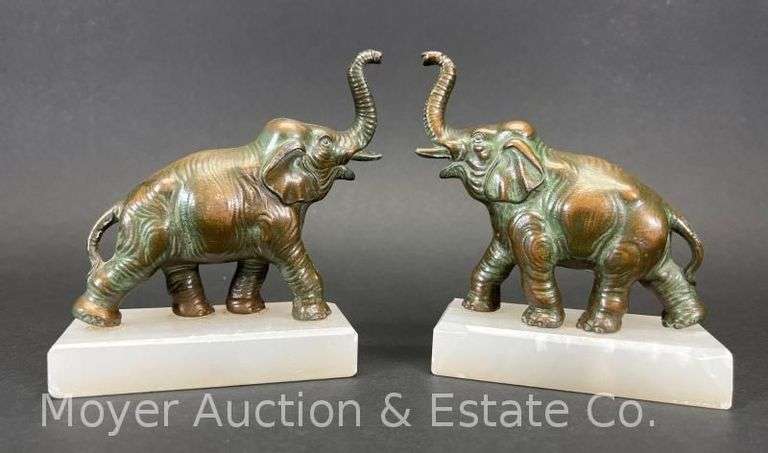 Pair of Bronze Clad Elephant Bookends, with Marble Bases, 5.5"h image