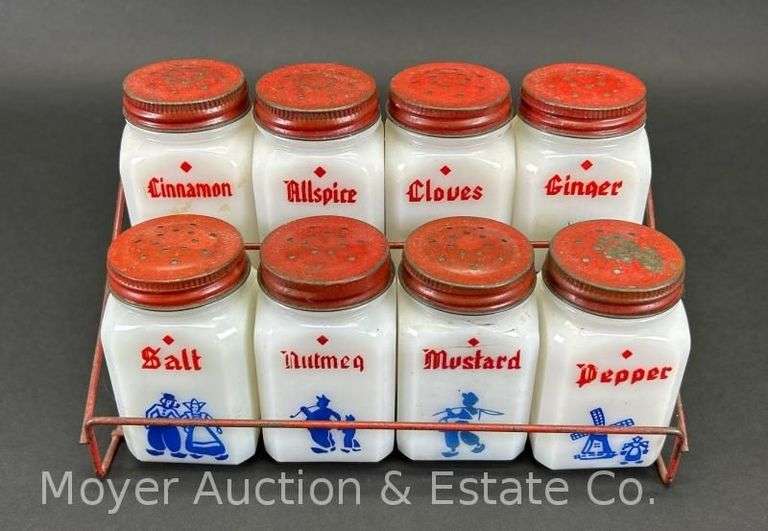 Vintage Milk Glass Spice Jars with Wire Rack, Jars are 3"h image