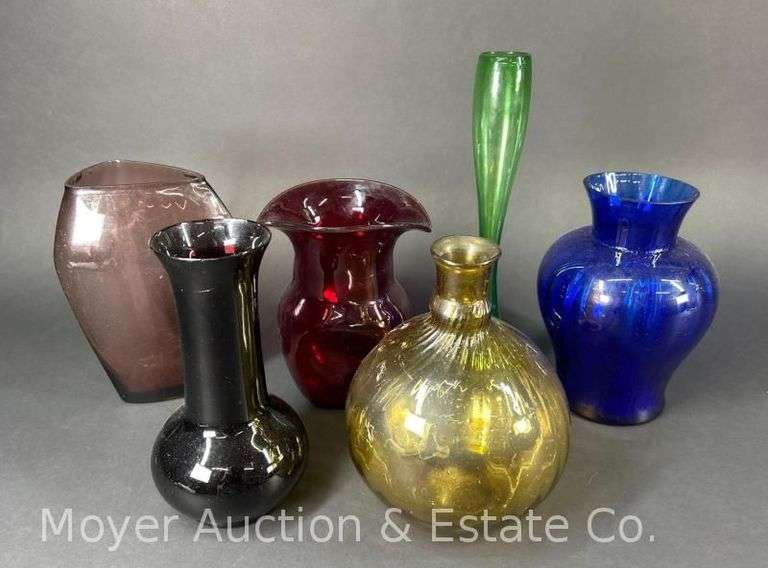 Group of Colored Glass Vases, 7.5"-12"h image