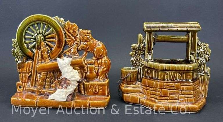 McCoy Pottery Wishing Well and Spinning Wheel Planters, 7"w image